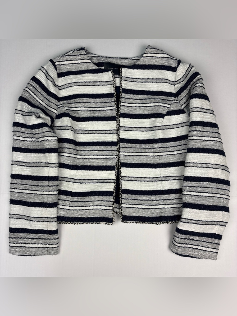 The Limited Women Size 10 Blazer Jacket Cropped Navy Blue Cream Cotton Blend